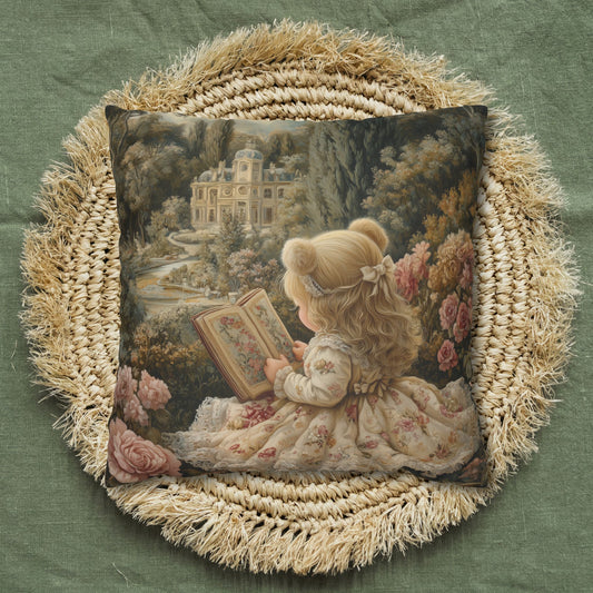 Victorian Storybook Girl Reading Pillowcase, Vintage Floral Garden Square Cushion, Cottagecore Nursery Decor