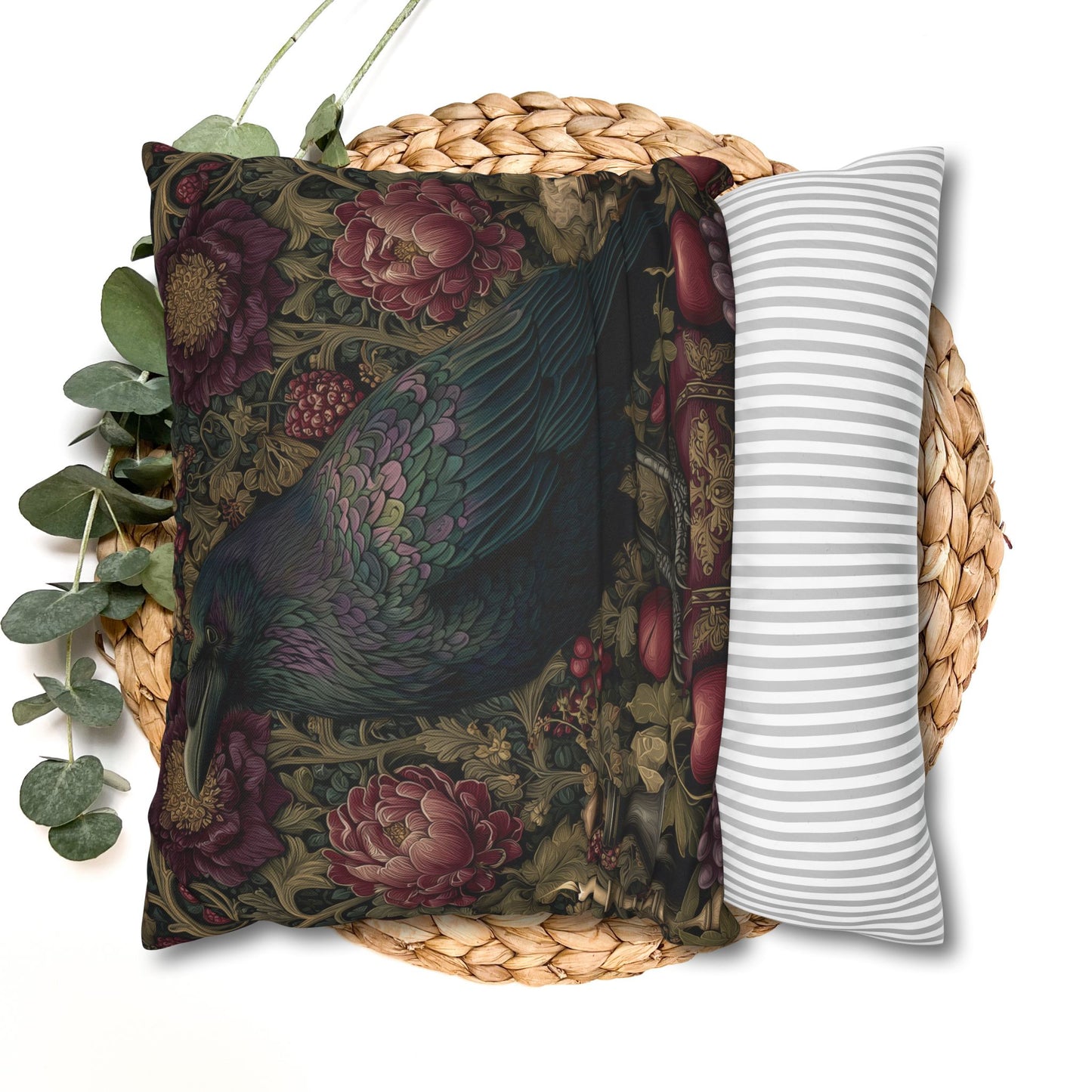 Gothic Raven & Peony Candle Pillowcase, Dark Academia Bird Cushion with Fruit and Floral Design, Halloween Home Decor