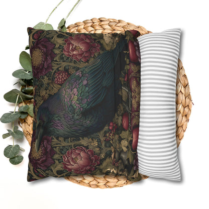Gothic Raven & Peony Candle Pillowcase, Dark Academia Bird Cushion with Fruit and Floral Design, Halloween Home Decor