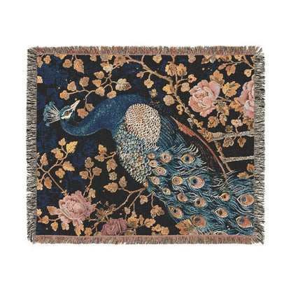 Art Deco Peacock William Morris Inspired Woven Blanket, Cozy Fall Home Decor Cotton Blanket