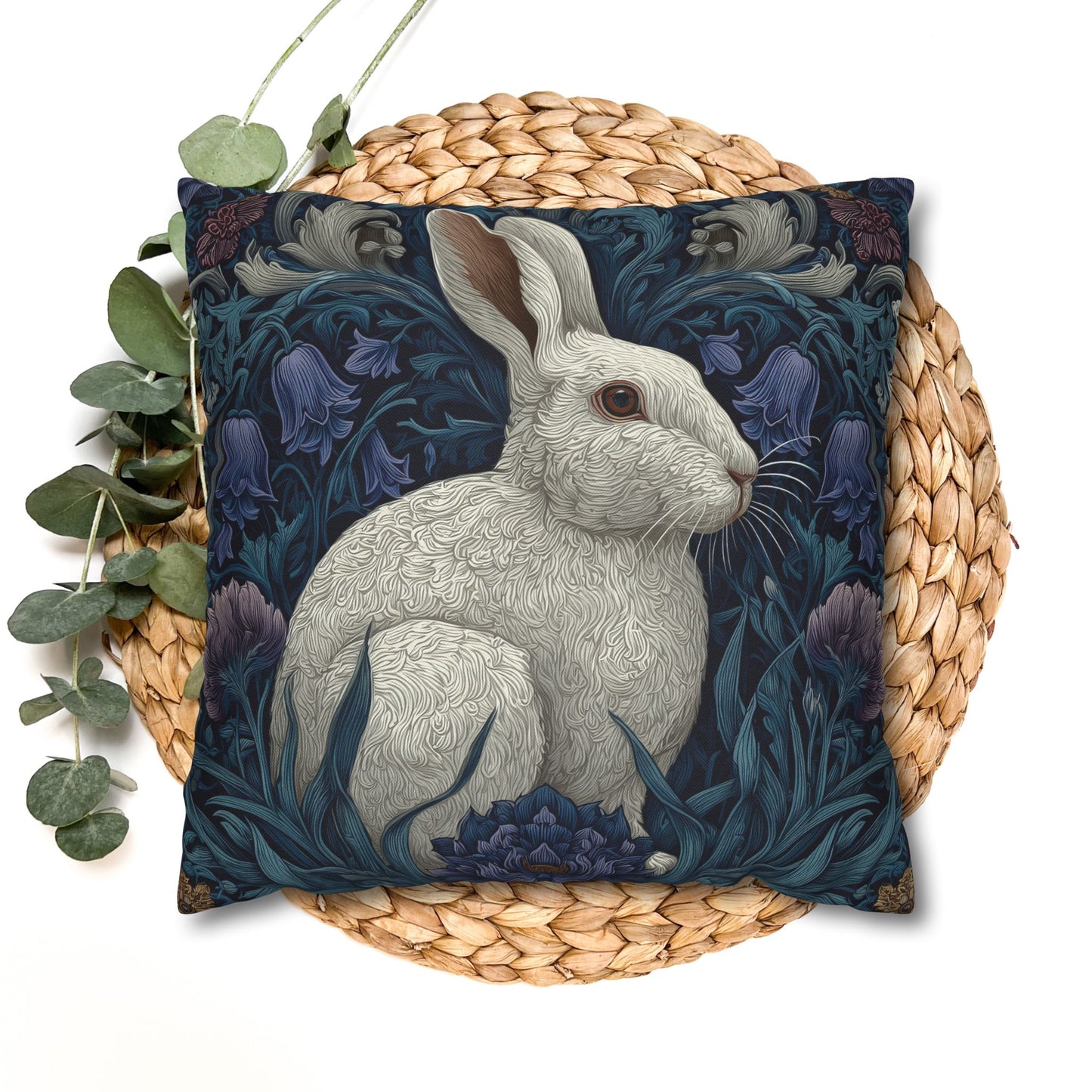 White Rabbit Floral Pillowcase, William Morris Style Botanical Bunny Cushion for Cozy Home Décor