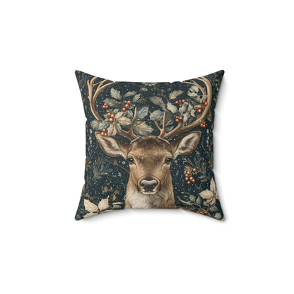 Christmas Reindeer Winter Pillow, William Morris Style Festive Woodland Decorative Cushion