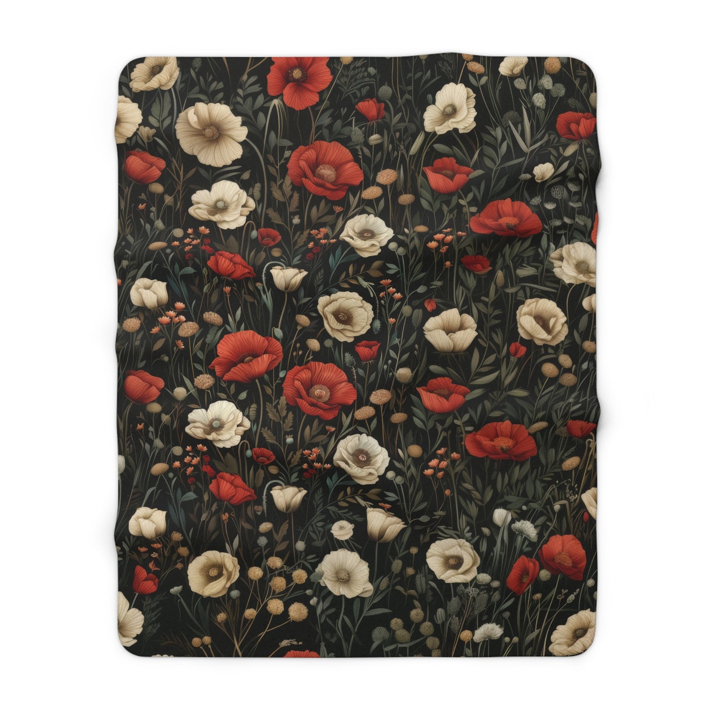 Red Poppy And White Flowers Pattern Fleece Sherpa Blanket