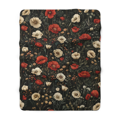 Red Poppy And White Flowers Pattern Fleece Sherpa Blanket