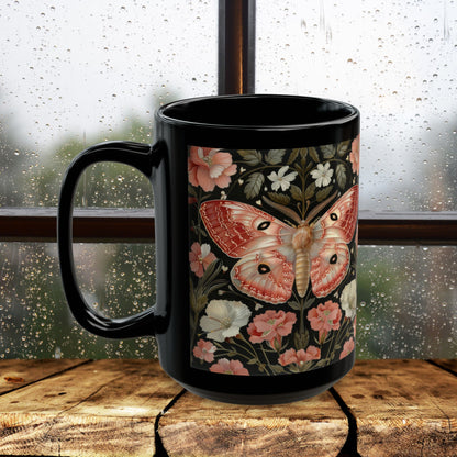 Woodland Pink Primrose Moth William Morris Inspired Black Coffee Mug For Her Him Ceramic Mug Black Mug 11oz, 15oz