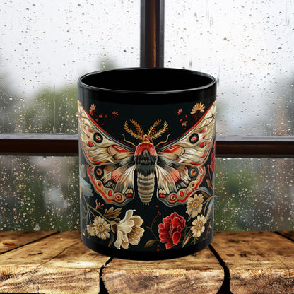 William Morris Inspired Moth Peony Embroidery Black Mug (11oz, 15oz)