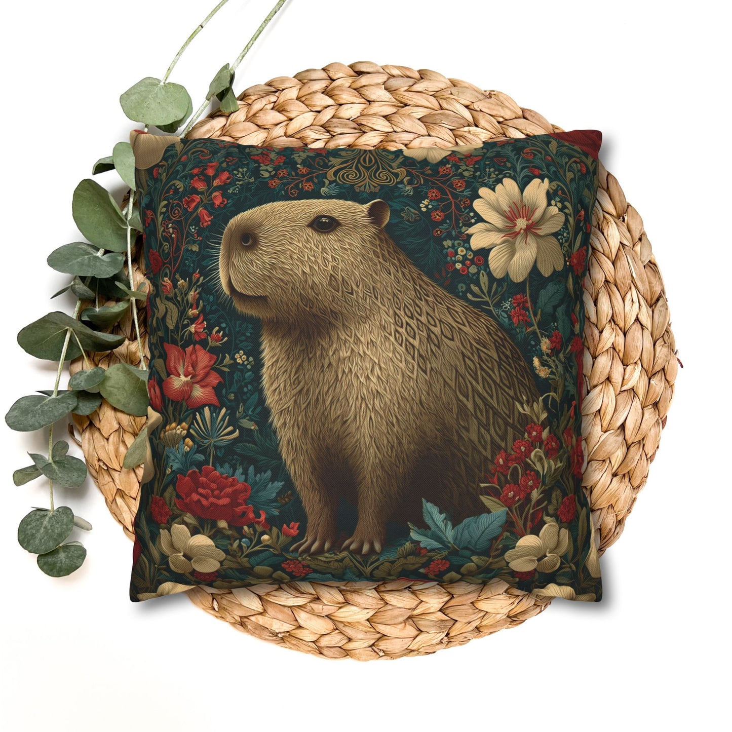 Capybara Floral Pillowcase, William Morris Style Botanical Animal Cushion for Cozy Home Decor