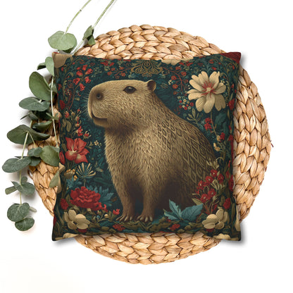 Capybara Floral Pillowcase, William Morris Style Botanical Animal Cushion for Cozy Home Decor