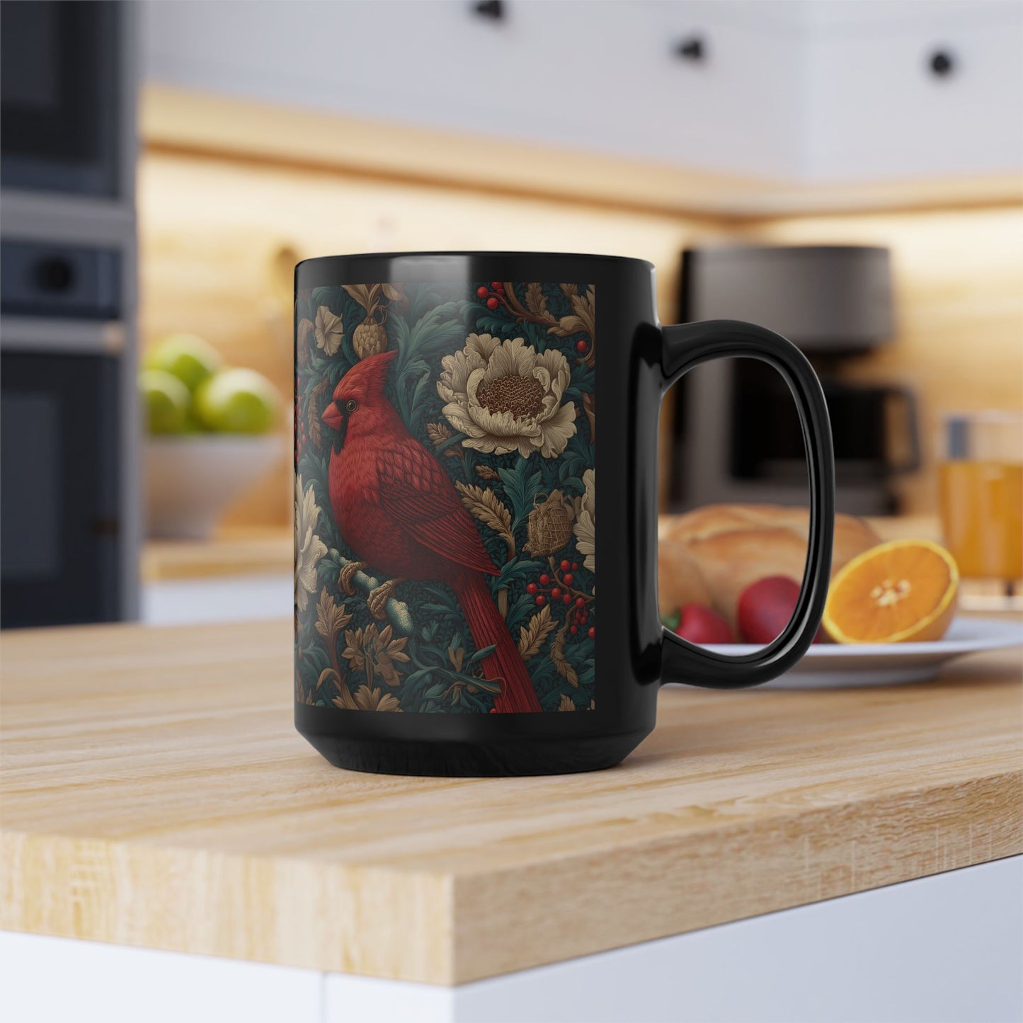 Red Cardinal Coffee Mug William Morris Inspired Floral Black Ceramic Cup (11oz, 15oz)