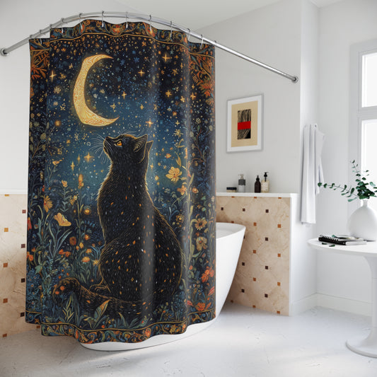 Black Cat Whimsical Night ,William Morris Insipred, Polyester Shower Curtain