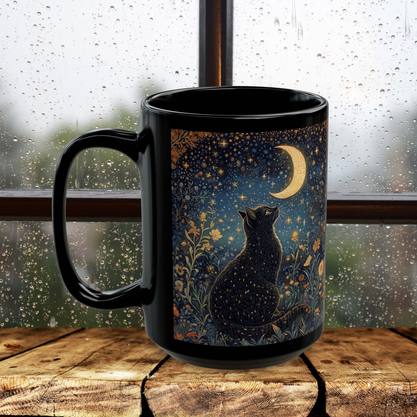 Mystical Black Cat Moon Mug, Celestial Floral Night Garden Coffee Cup 11oz & 15oz, Witchy Starry Magic Cat Lover Gift