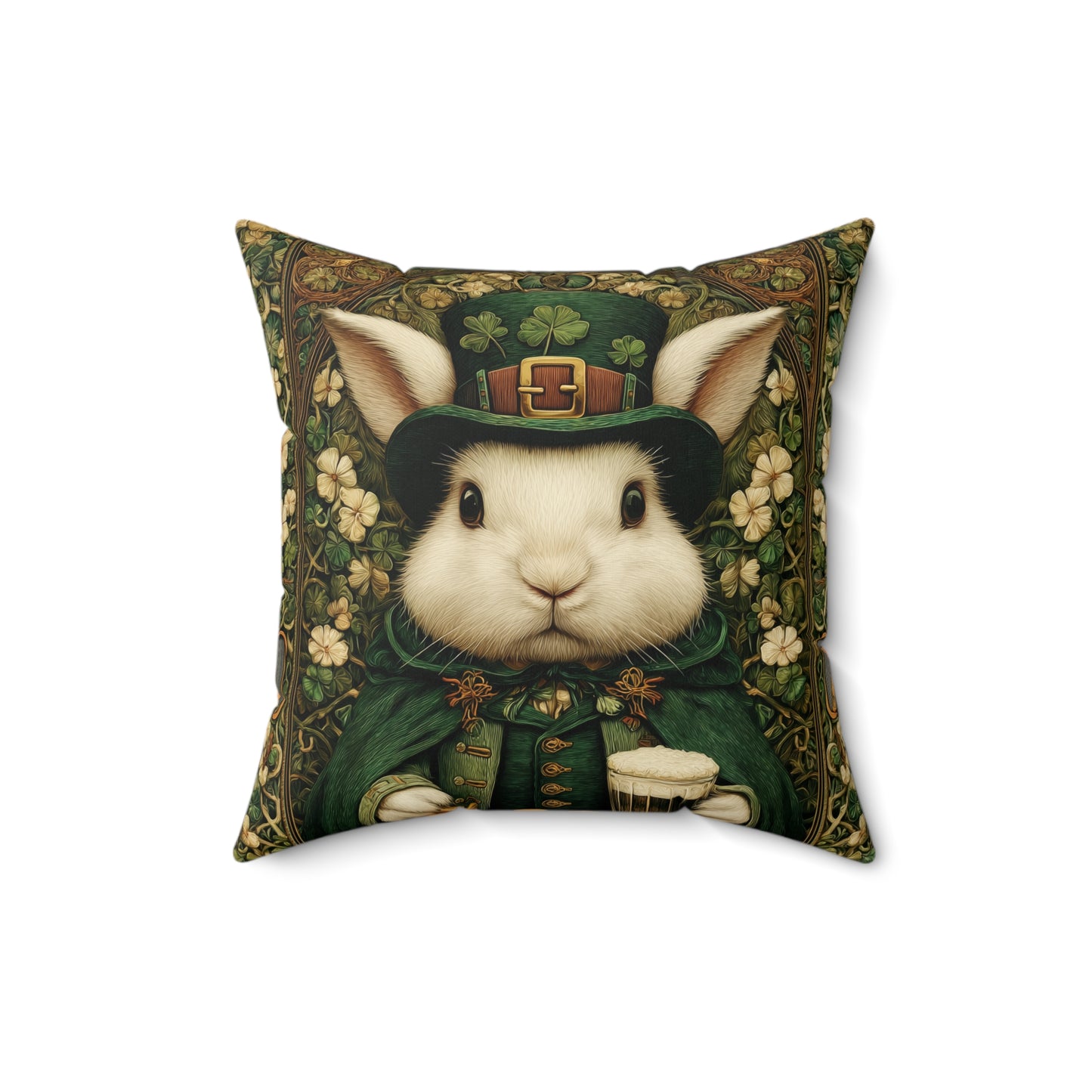 Leprechaun Bunny Decorative Pillow, St Patrick Day William Morris Style Rabbit Cushion