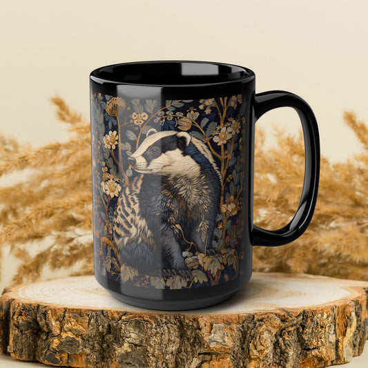 Black Mug - Woodland Elegance Badger Nature Lover Tea Cup