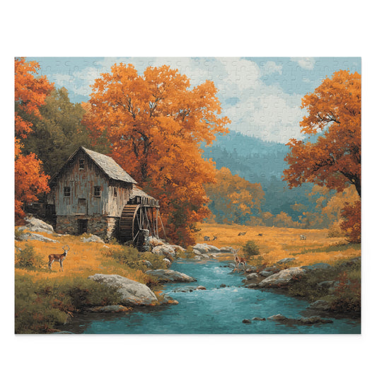 Nature Scene Puzzle, Autumn Cabin Artwork, Family Game Night, Cozy Home Decor, Gift for Nature Lovers, (120, 252, 500, 1000-Piece)
