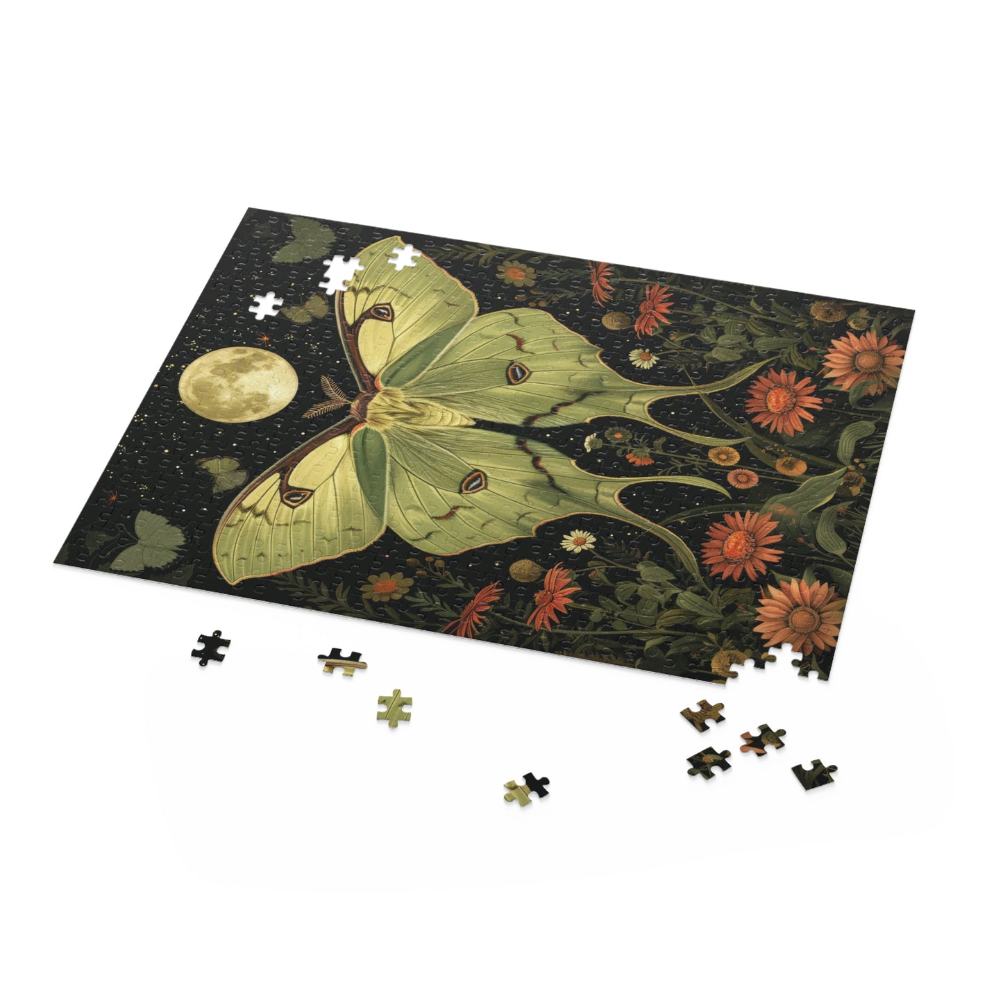 William Morris Inspired Magical Green Luna Moth Night Moon Puzzle Box (120, 252, 500-Piece) Family Jigsaw Puzzle, Puzzle Box Gift