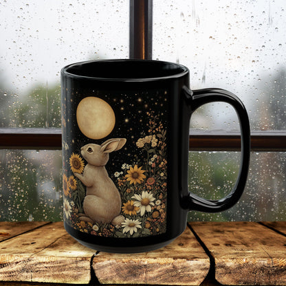 Moon Rabbit Coffee Mug, William Morris Inspired Floral Bunny Black Ceramic Cup (11oz, 15oz)
