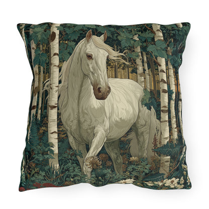 White Horse Forest Outdoor Pillow, Woodland Horse Throw Pillow, Rustic Cabin Cushion, Nature Animal Accent Pillow, Farmhouse Decor, Equestrian Gift Pillow