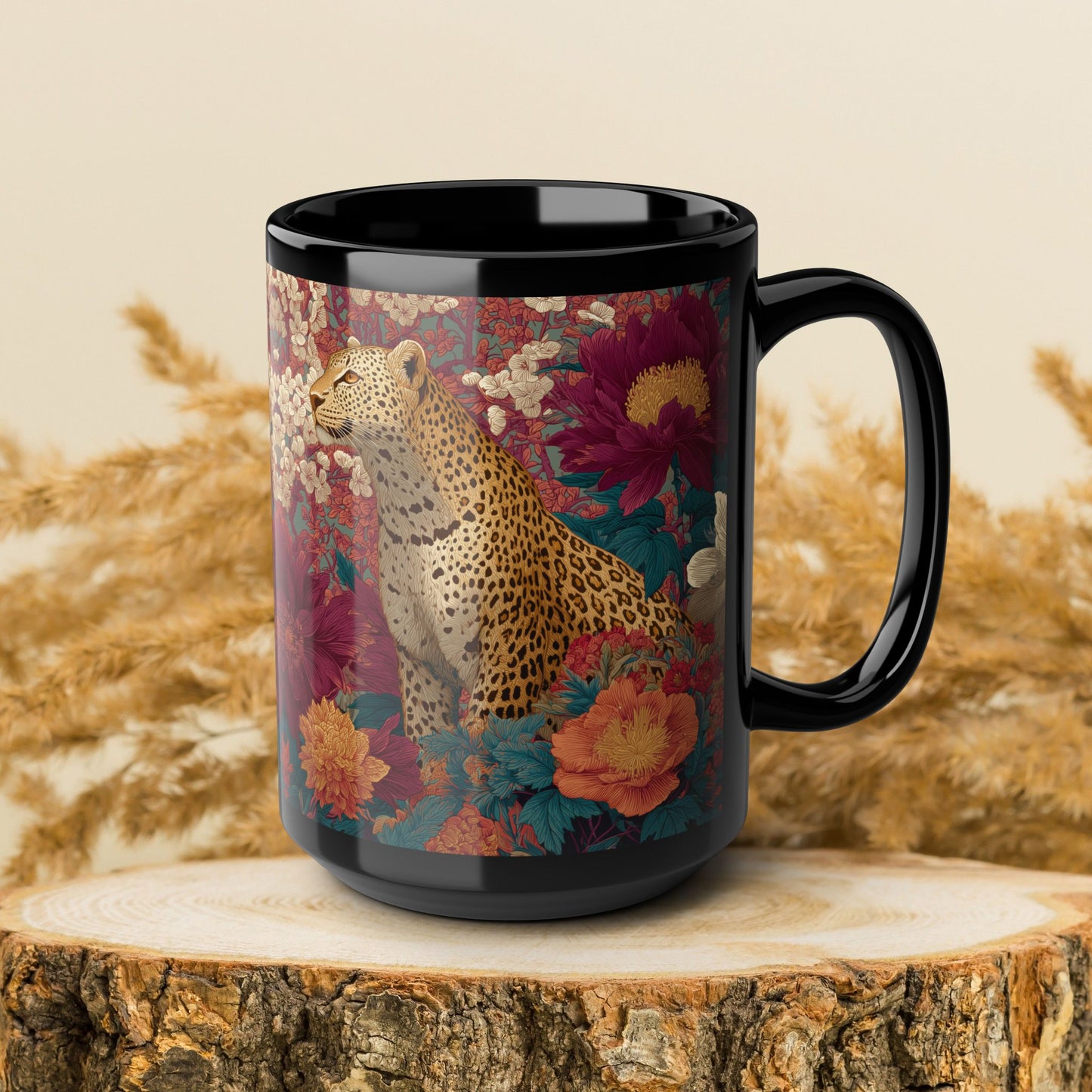 Floral Leopard Mug, Black Ceramic Jungle Coffee Cup 11oz & 15oz – Tropical Wild Cat Art Gift for Animal Lovers & Home Decor