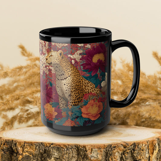 Floral Leopard Mug, Black Ceramic Jungle Coffee Cup 11oz & 15oz – Tropical Wild Cat Art Gift for Animal Lovers & Home Decor