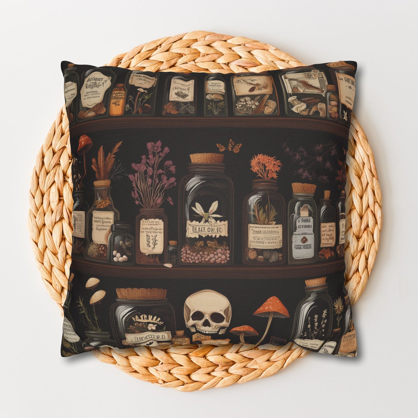 Gothic Apothecary Jars Pillowcase, Witchcraft Potion Shelf Dark Academia Throw Cushion, Spooky Halloween Decor