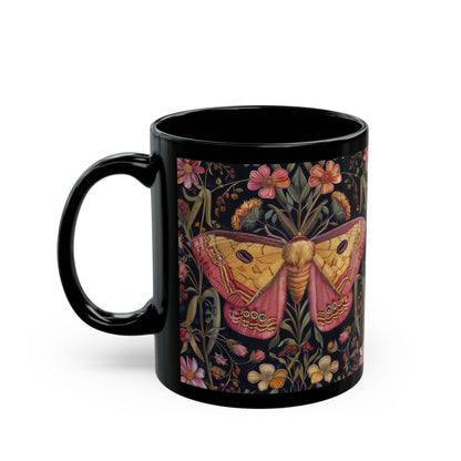 William Morris Inspired Botanical Pink Rosy Maple Moth Black Mug 11oz, 15 oz