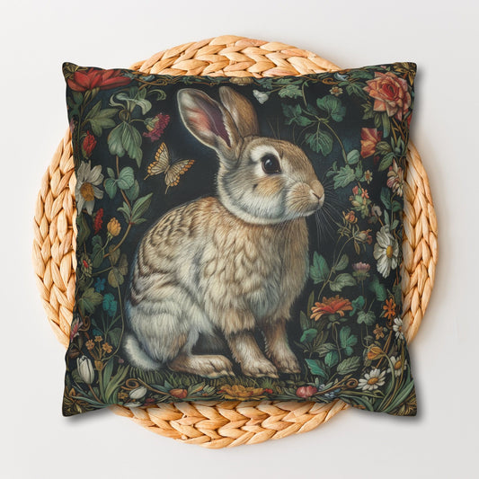 William Morris Inspired Botanical Bunny Rabbit Pillowcdase, Cottagecore Art Nouveau Pillow Design, Gift for Her