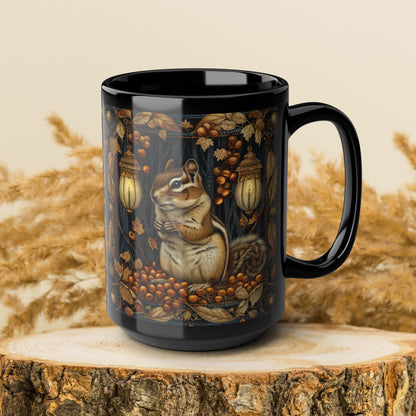 Mug - William Morris Inspired Chipmunk Among Acorn Lanterns Black Mug 11oz, 15oz