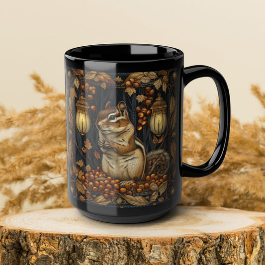 Mug - William Morris Inspired Chipmunk Among Acorn Lanterns Black Mug 11oz, 15oz