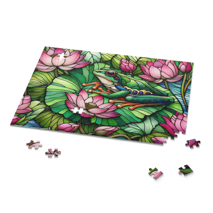 Stained Glass Frog Pink Water Lily Puzzle (120, 252, 500-Piece) Family Jigsaw Puzzle, Puzzle Box Gift