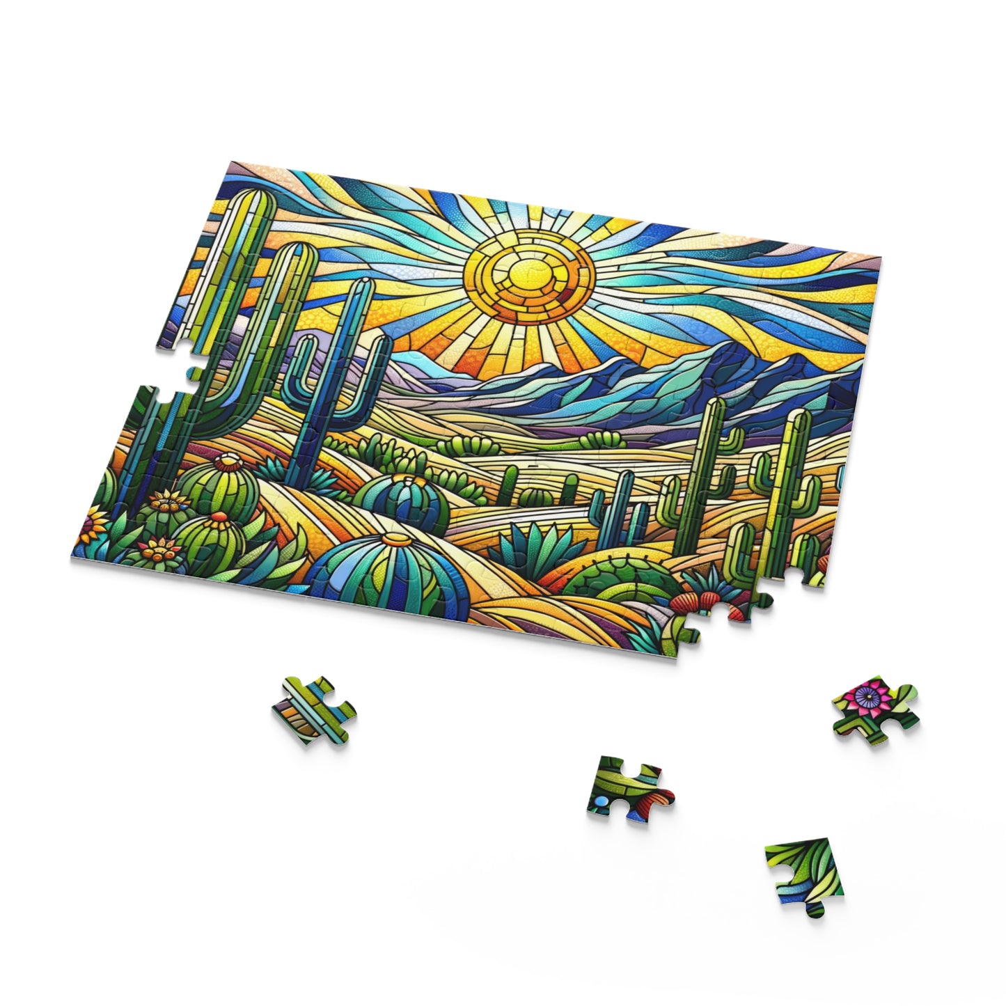 Cactus Dessert Scene Stained Glass Jigsaw Puzzle Box (120, 252, 500-Piece) Adult Jigsaw Puzzle, Gift Him Her