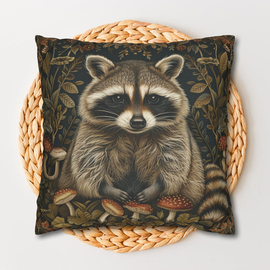 William Morris Inspired Woodland Raccoon Mushroom Decorative Pillowcase | Cottage-core Pillowcase