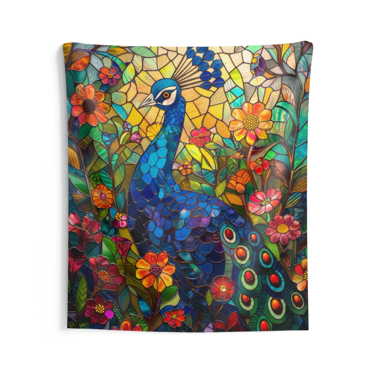 Tapestry of Peacock Faux Stained Glass, Vibrant Psychedelic, Art Wall Tapestries