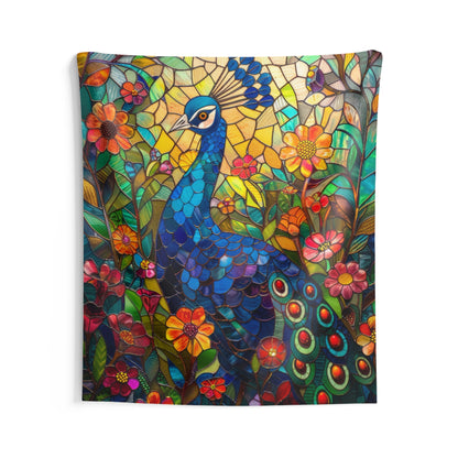 Tapestry of Peacock Faux Stained Glass, Vibrant Psychedelic, Art Wall Tapestries