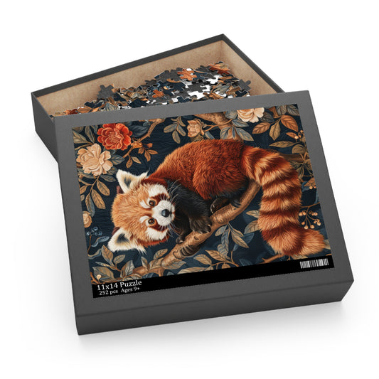 William Morris Inspired Forest Red Panda Jigsaw Puzzle Box | Cottage-core Art Nouveau Puzzle Box (120, 252, 500-Piece)