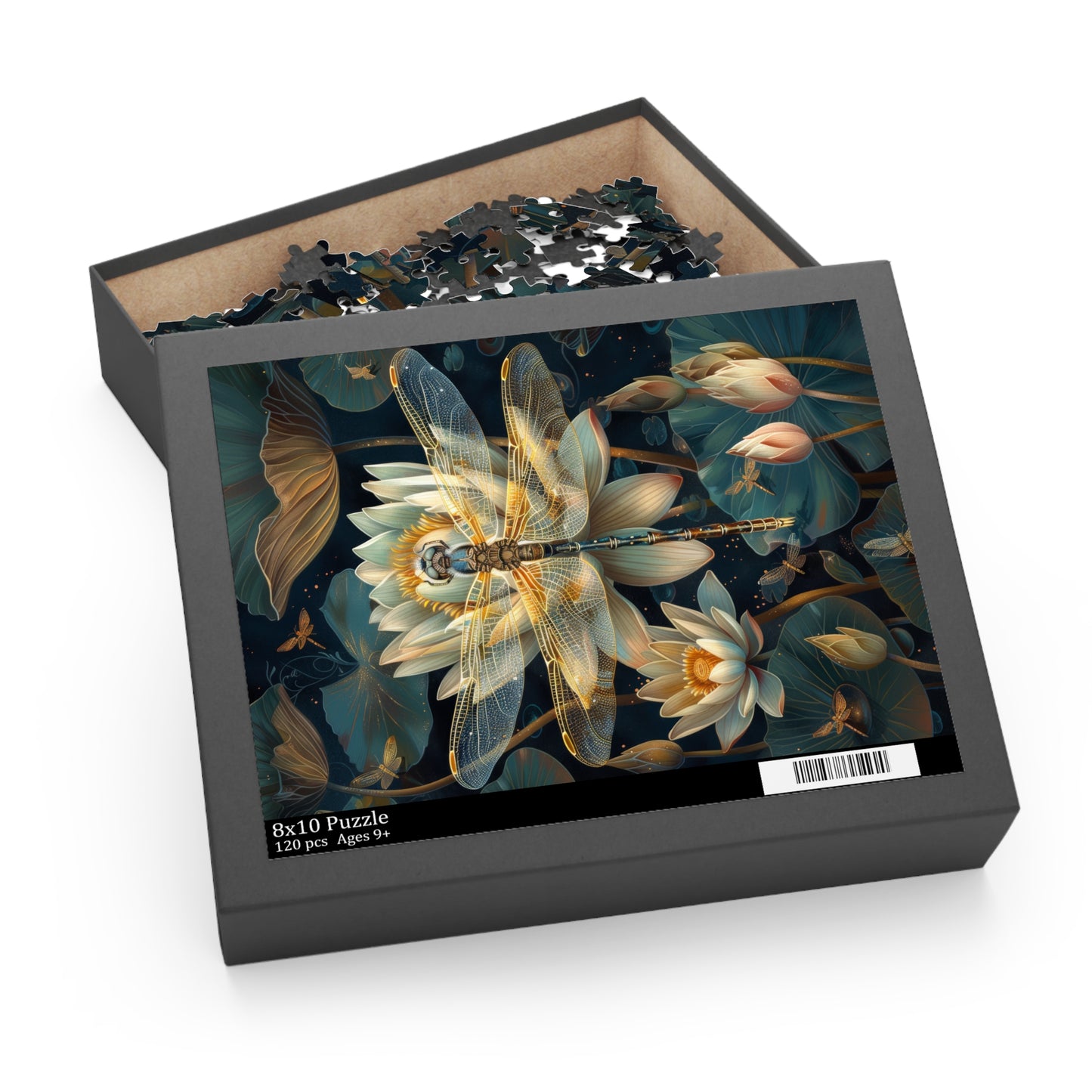 Art deco of Dragonfly Water Lily Jigsaw Puzzle (120, 252, 500-Piece) Family Jigsaw Puzzle, Puzzle Box Gift