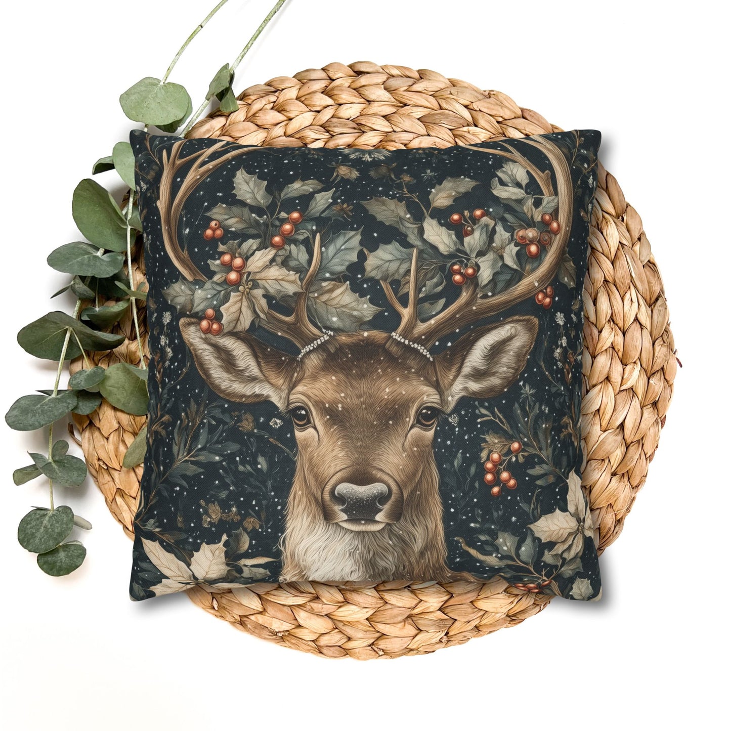 Christmas Reindeer Winter Pillowcase, William Morris Style Festive Woodland Decorative Cushion