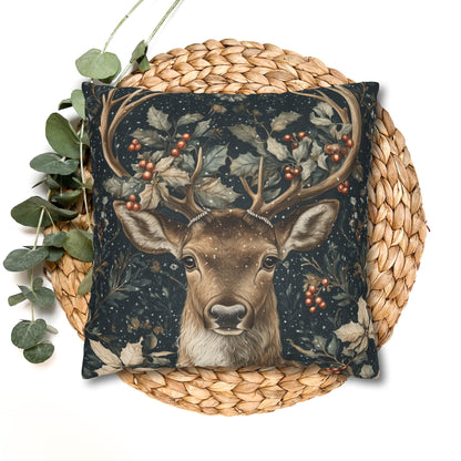 Christmas Reindeer Winter Pillowcase, William Morris Style Festive Woodland Decorative Cushion