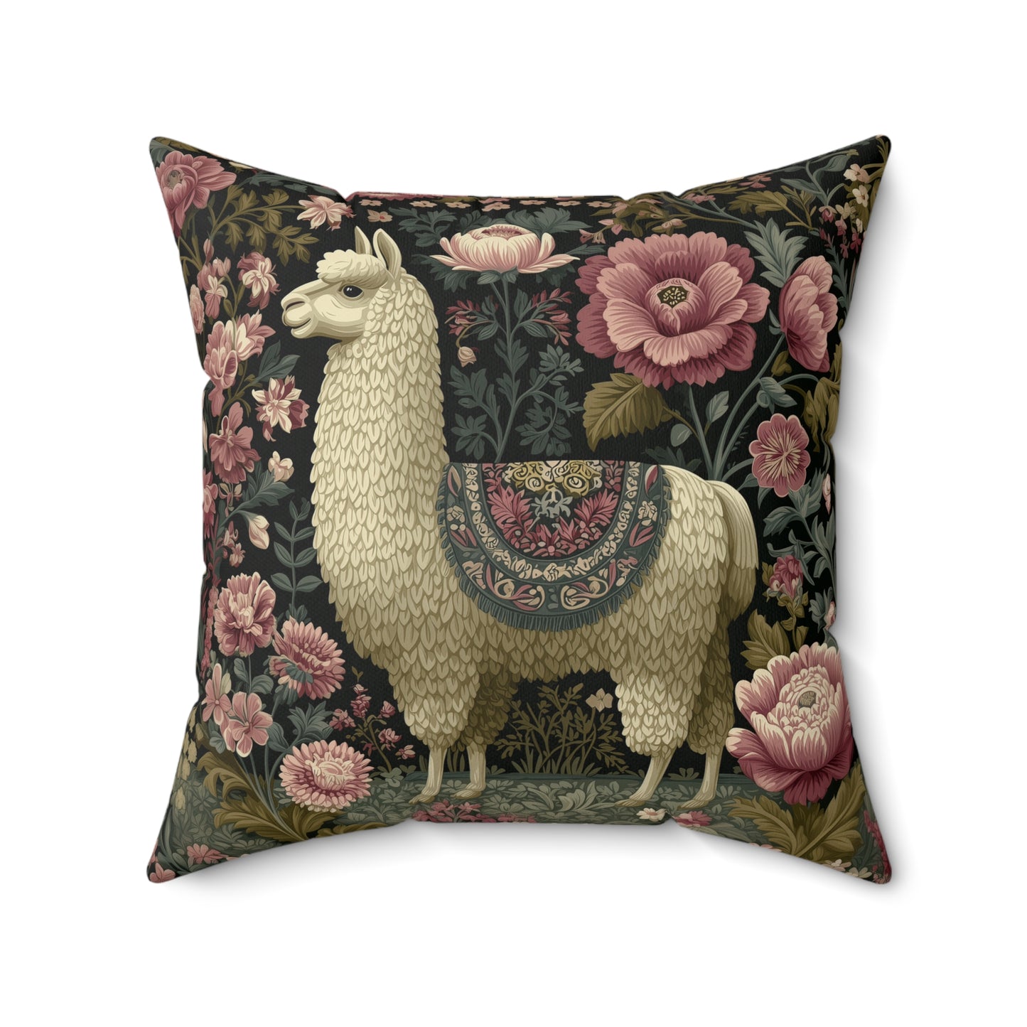 Llama Floral Pillow, William Morris Style Animal Cushion with Vintage Botanical Design
