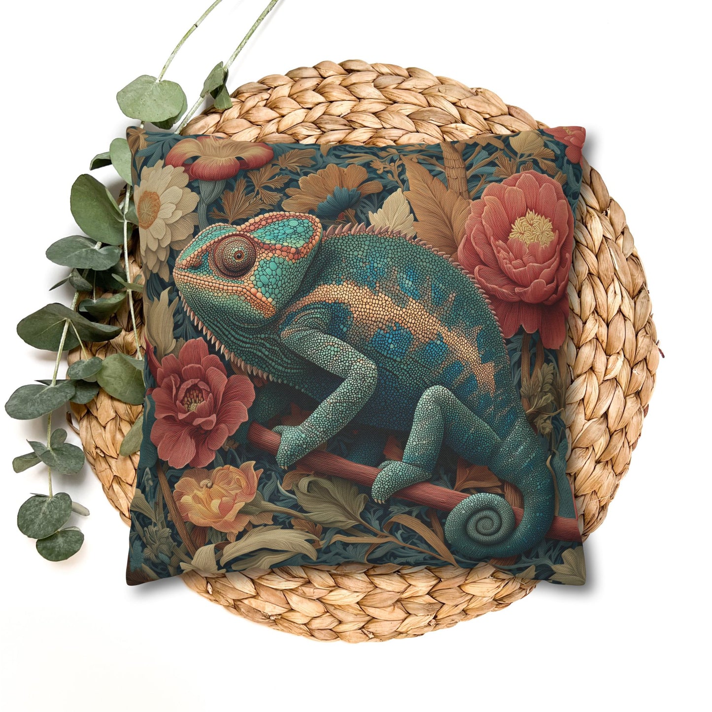 Teal Chameleon Floral Pillowcase, William Morris Style Lizard Cushion with Vintage Botanical Design