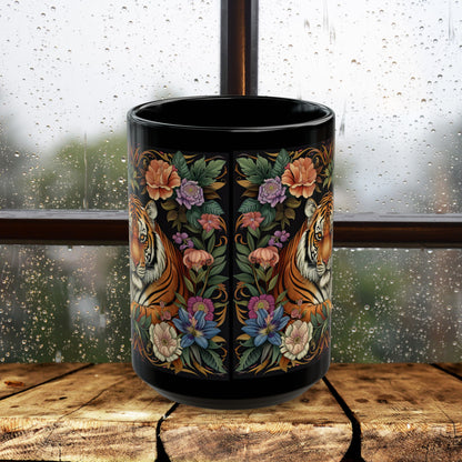 Tropical Tiger William Morris Inspired Black Coffee Mug For Her Him Ceramic Mug Black Mug  11oz, 15oz
