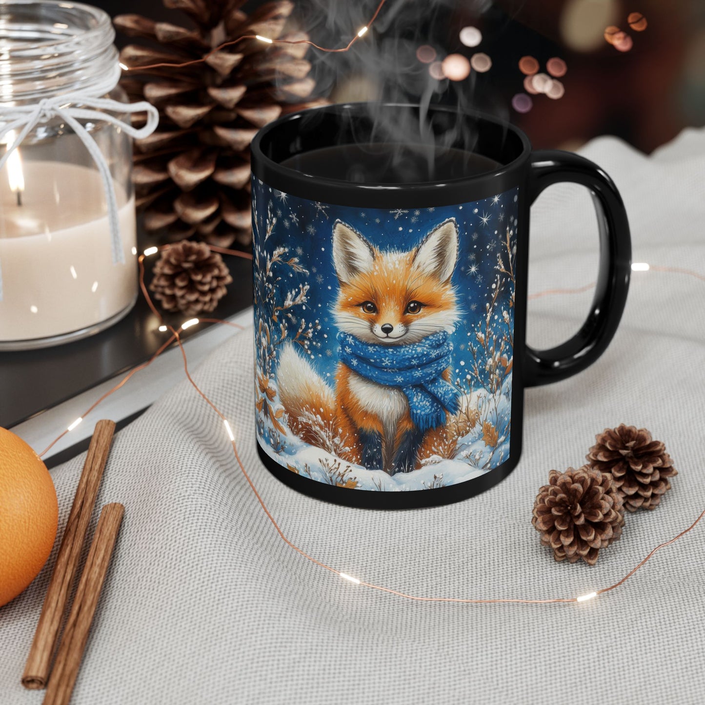 Blue Scarf Starry Winter Night Black Coffee Mug 11oz, 15 oz