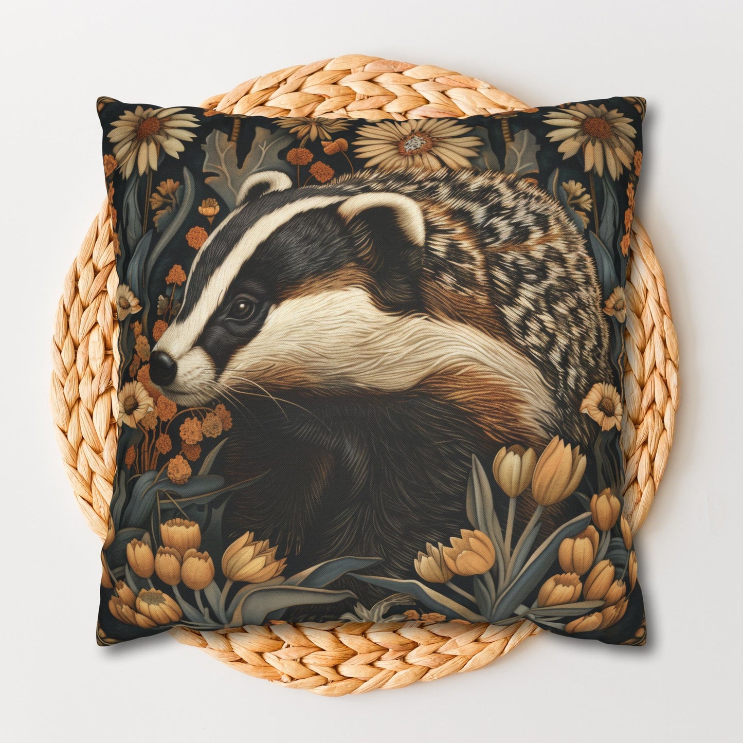 William Morris Inspired Botanical Badger Decorative Pillowcase