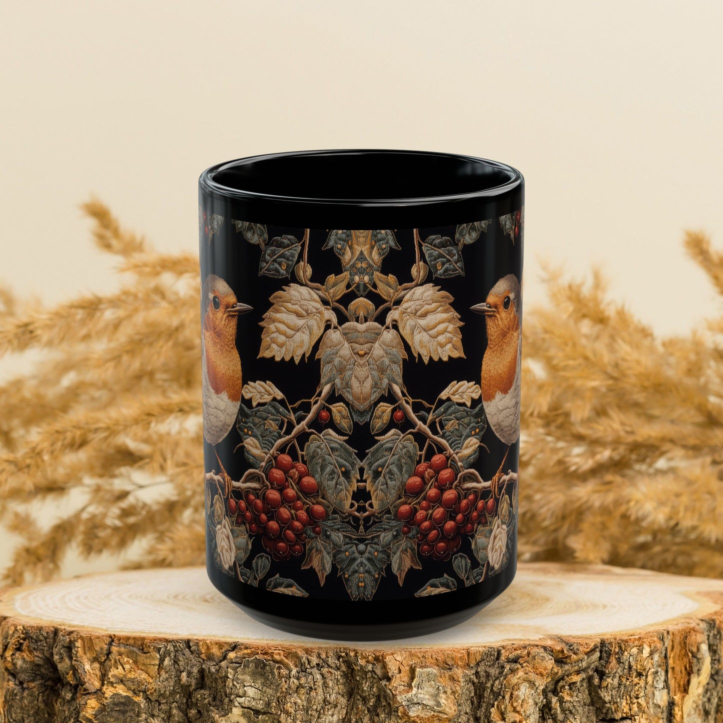 Winter Robin Black Coffee Mug, Red Berries Bird Art Cup, Woodland Nature Lover Gift, Christmas Tea Mug, Cozy Wildlife Ceramic (11oz/15oz)