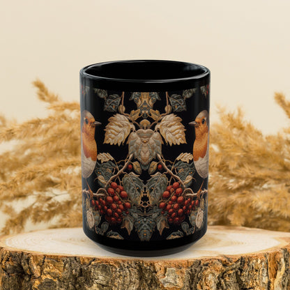 Winter Robin Black Coffee Mug, Red Berries Bird Art Cup, Woodland Nature Lover Gift, Christmas Tea Mug, Cozy Wildlife Ceramic (11oz/15oz)