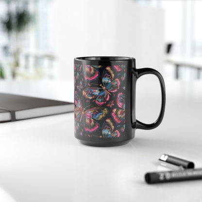 Pink Blue Butterfly Pattern Black Coffee Mug | Gift for Bird Lover Coffee Mug 11oz, 15oz