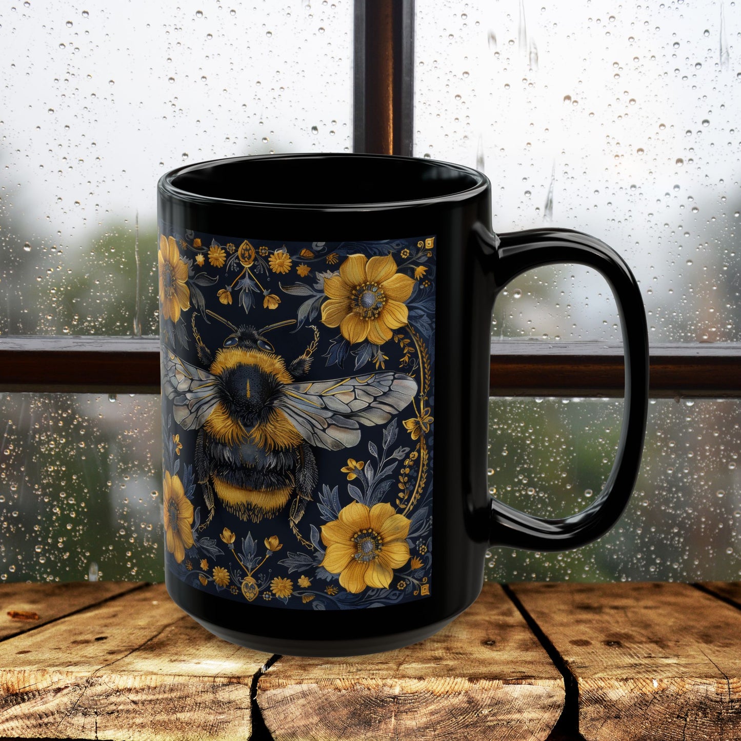 Bumblebee Gold Botanicals William Morris Inspired Black Coffee Mug For Her Him Ceramic Mug Black Mug 11oz, 15oz