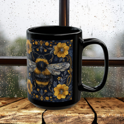 Bumblebee Gold Botanicals William Morris Inspired Black Coffee Mug For Her Him Ceramic Mug Black Mug 11oz, 15oz