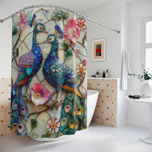 Stained Glass Peacocks Pink Flower Polyester Shower Curtain