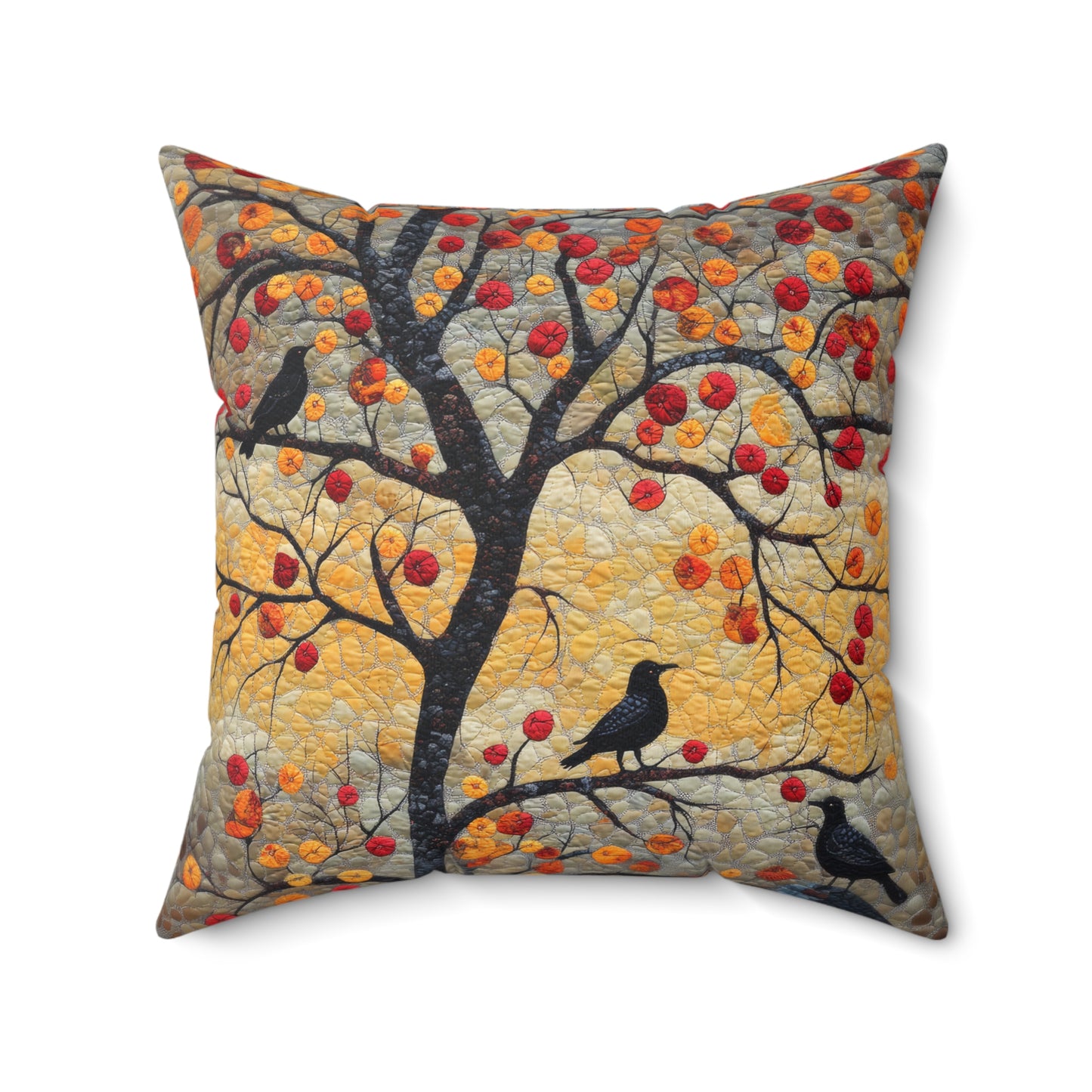 Crows With Autumn OakTree Decorative Pillow, Mosaic Art Style, Fall Pillow Home Decor