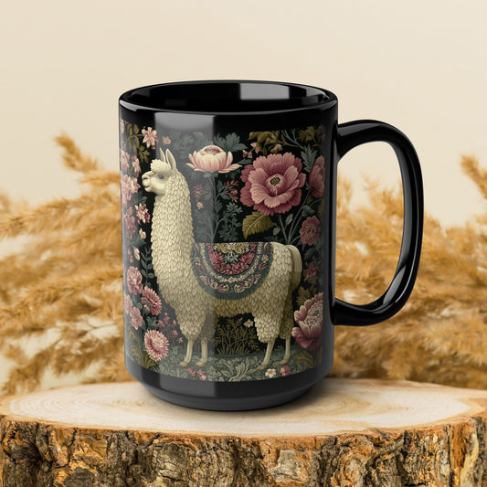 Botanical Llama Coffee Mug, William Morris Inspired Floral Black Ceramic Cup (11oz, 15oz)